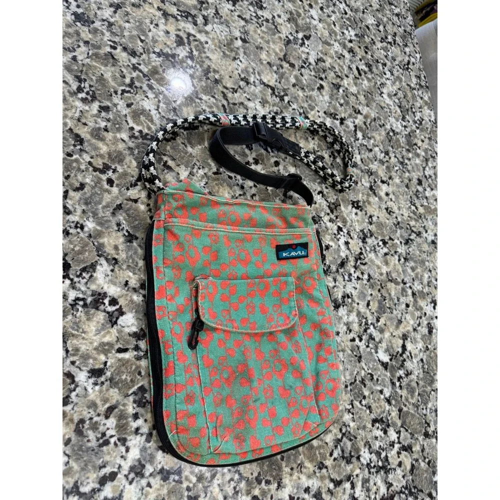 KAVU Keeper Teal Coral Floral Canvas Crossbody Bag Rope Strap Slim Travel Pouch